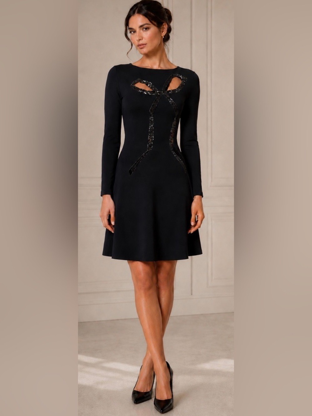 NWT Oscar de la Renta Black Long Sleeve Dress with Sequin Bow Xl!